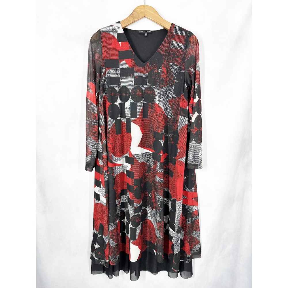 Kozan Long Sleeve Chiffon Abstract Print Red Black Dress Women's Size Medium